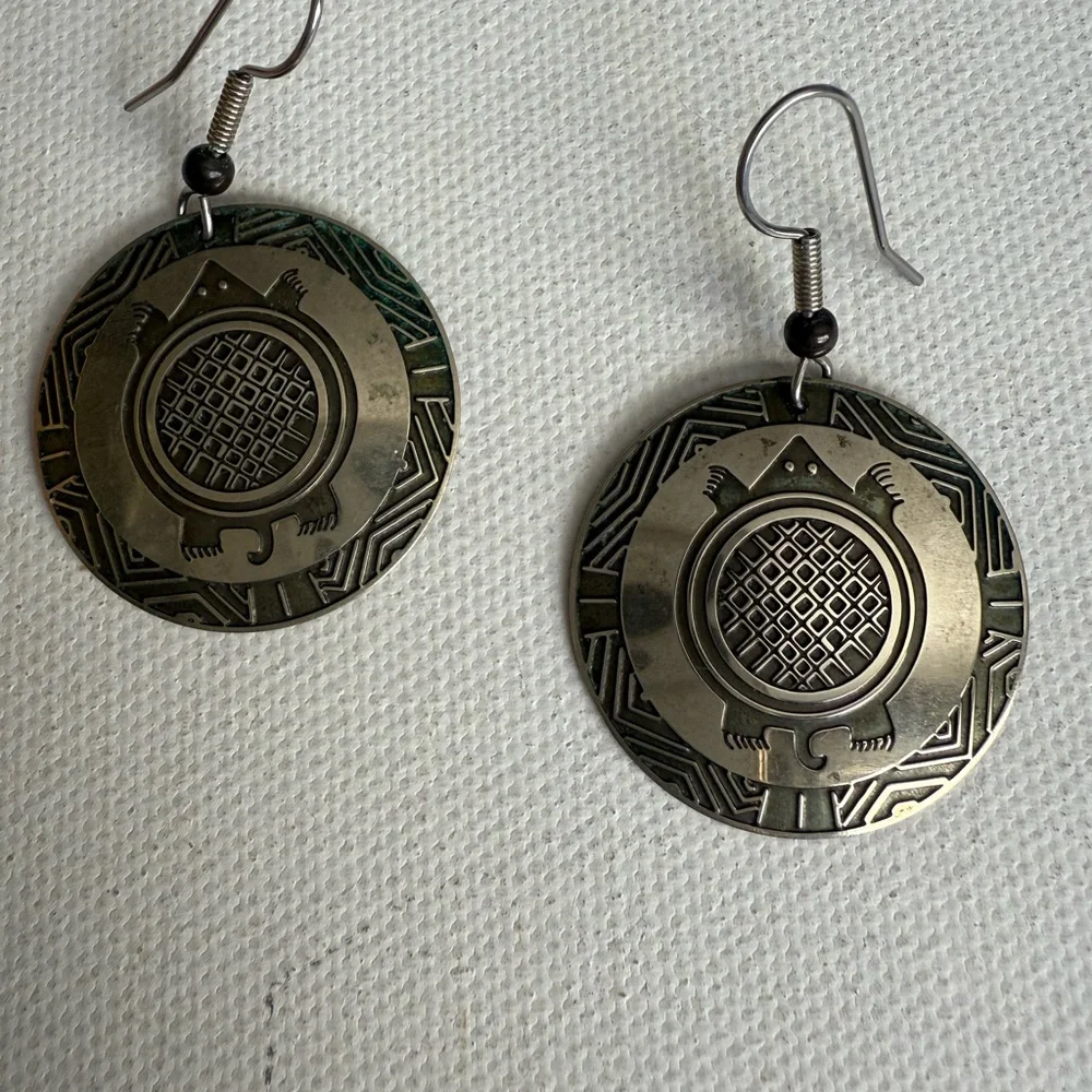 Circular Silver Tone Dangle Earrings with Turtle Etched Design - Picture 2 of 7